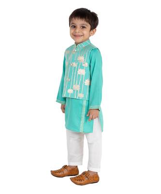 Turqouise Golden Lotus Nehru Jacket Set 4