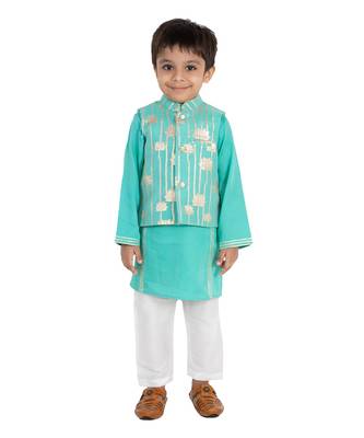 Turqouise Golden Lotus Nehru Jacket Set 6