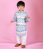 Blue And Off White Zig Zag Print Kurta Set