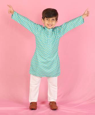 Green Zig Zag Print Boy Kurta Set 1