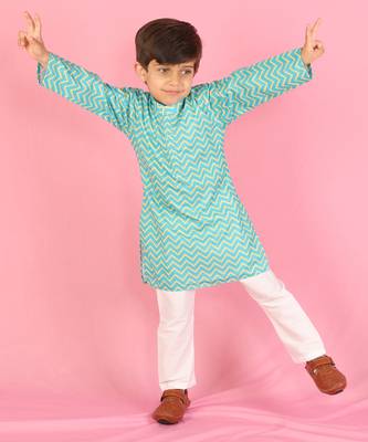 Green Zig Zag Print Boy Kurta Set 3