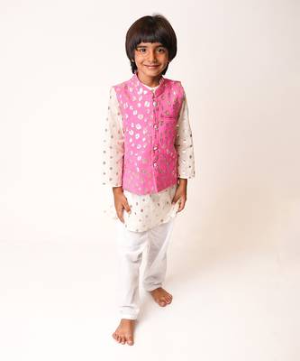 White Kurta Pink Zari Jacket Set 1