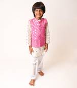 White Kurta Pink Zari Jacket Set