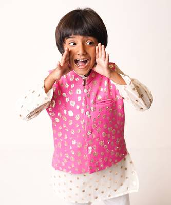 White Kurta Pink Zari Jacket Set 2