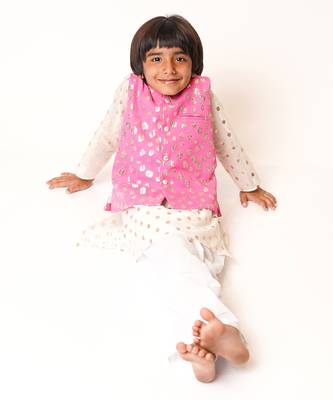 White Kurta Pink Zari Jacket Set 3