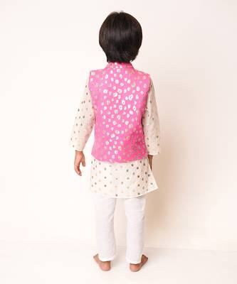 White Kurta Pink Zari Jacket Set 4