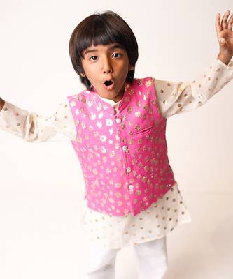 White Kurta Pink Zari Jacket Set 5
