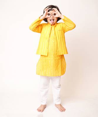 Mustard Yellow Cotton Kurta Jacket Set 1