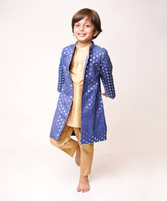 Blue Sherwani With Golden Kurta Pajama Set 1