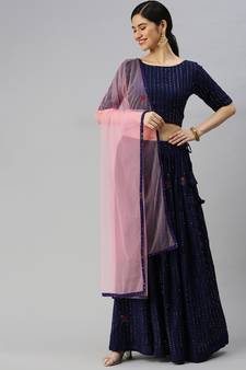 Dark-blue sequins viscose rayon stitched lehenga
