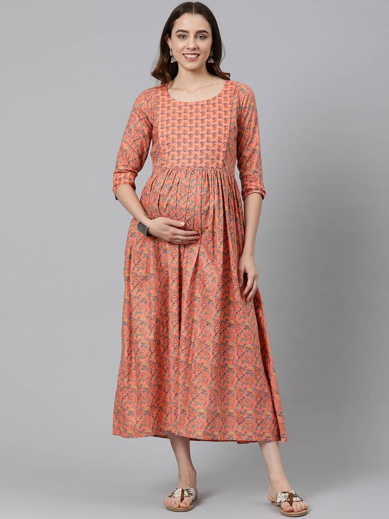 Peach printed cotton maxi-dresses