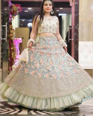 Light-green thread embroidery net semi stitched lehenga 1