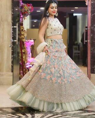 Light-green thread embroidery net semi stitched lehenga 2