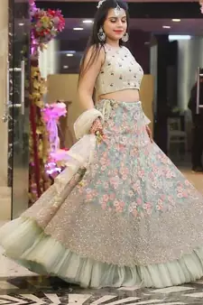 Light-green thread embroidery net semi stitched lehenga