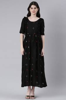 Black embroidered viscose rayon maxi-dresses