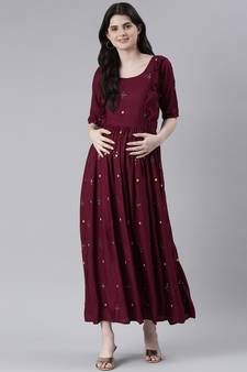Wine embroidered viscose rayon maxi-dresses