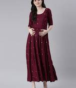 Wine embroidered viscose rayon maxi-dresses