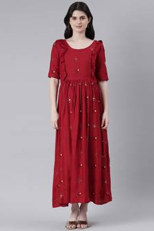 Red embroidered viscose rayon maxi-dresses