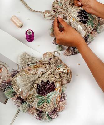 Cream Dupion Silk Embroidered Potli 2