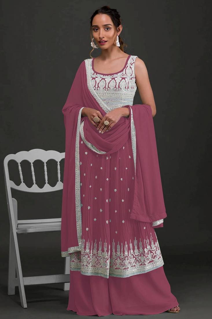 Dark-rose embroidered faux georgette salwar