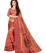 Peach hand woven art silk saree with blouse