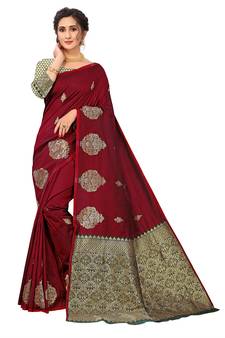 Maroon Woven Silk Blend Saree With Blouse
