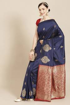 Navy Blue Woven Silk Blend Saree With Blouse