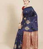 Navy Blue Woven Silk Blend Saree With Blouse