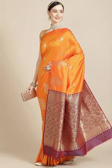 Orange Woven Silk Blend Saree With Blouse