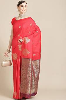 Red Woven Silk Blend Saree With Blouse