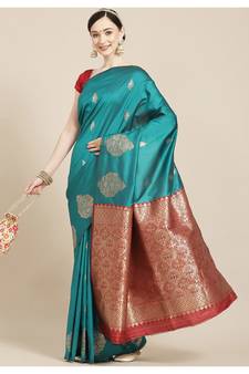 Teal Woven Silk Blend Saree With Blouse