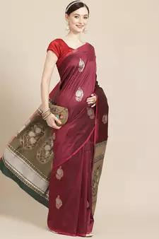 Maroon Woven Silk Blend Saree With Blouse