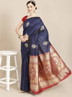 Navy Blue Woven Silk Blend Saree With Blouse 1