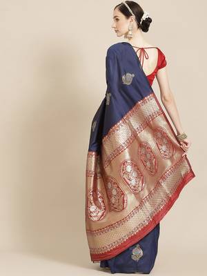 Navy Blue Woven Silk Blend Saree With Blouse 2