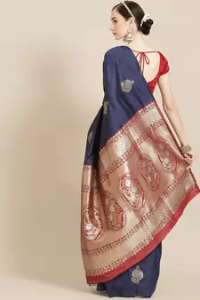 Navy Blue Woven Silk Blend Saree With Blouse