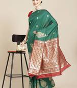 Dark Green Woven Silk Blend Saree With Blouse
