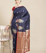 Navy Blue Woven Silk Blend Saree With Blouse
