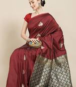 Maroon Woven Silk Blend Saree With Blouse