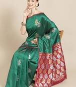 Dark Green Woven Silk Blend Saree With Blouse