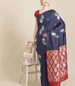 Navy Blue Woven Silk Blend Saree With Blouse