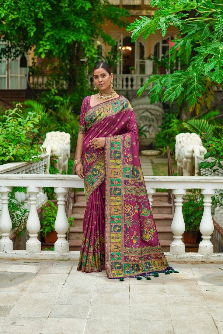 Wine woven banarasi silk saree with blouse