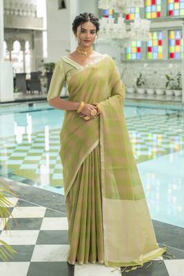 Mehendi woven linen saree with blouse 1