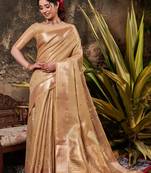 Beige woven silk blend saree with blouse
