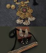 Binnis wardrobe Dual tone and Gold tone Green Kundan Studded German Silver Necklace Set