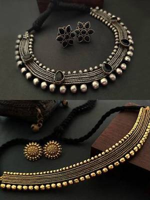 Binnis wardrobe Silver choker with Black diamond and Gold plated jewellery set 1