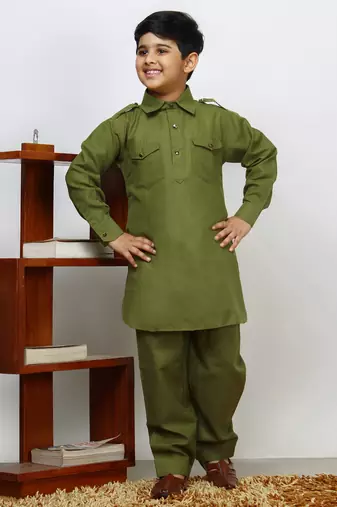 Green Cotton Jacquard Pathani Kurta Pajama Set Traditional Wear
