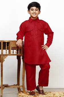 Red Cotton Jacquard Pathani Kurta Pajama Set Traditional Wear