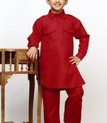 Red Cotton Jacquard Pathani Kurta Pajama Set Traditional Wear