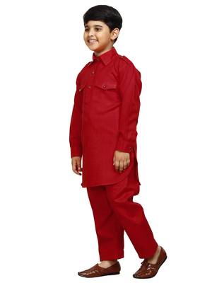 Red Cotton Jacquard Pathani Kurta Pajama Set Traditional Wear 2