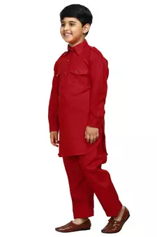 Red Cotton Jacquard Pathani Kurta Pajama Set Traditional Wear